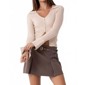 NEW GOLDEN knitted v-neck collared button down top in bone